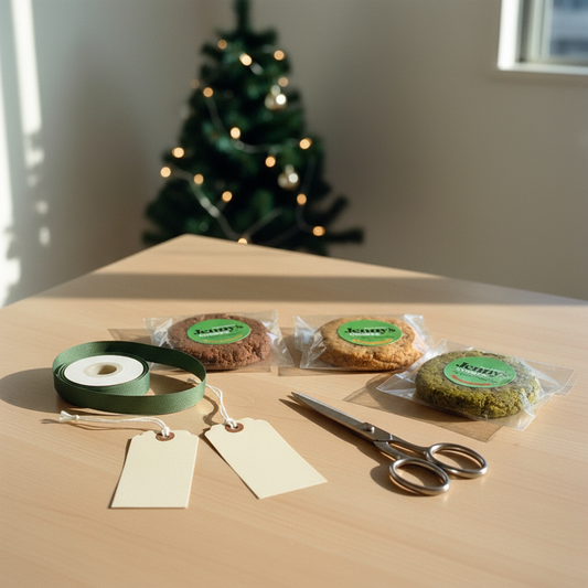 個包装のグルテンフリー・プロテインクッキーとギフトタグの静物（冬の朝）