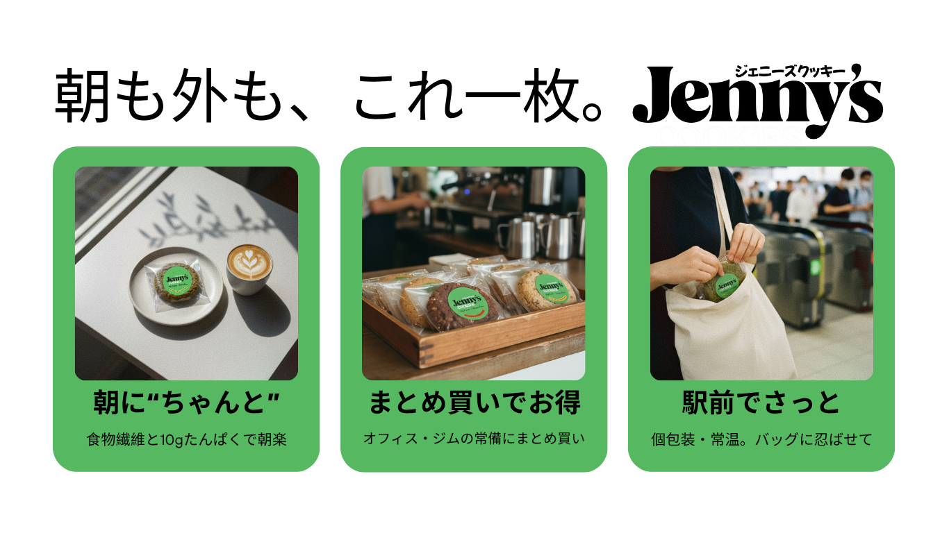 Jenny'sのチョコレートプロテインクッキーで朝ごはん、まとめ買いや駅前で手軽に楽しむシーン